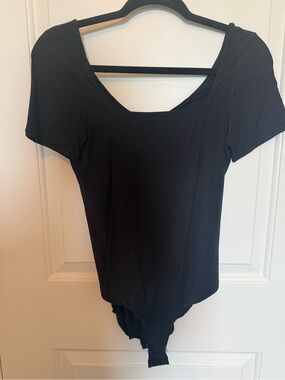 aerie Black Scoop Neck Short Sleeve Bodysuit with Snap Closure